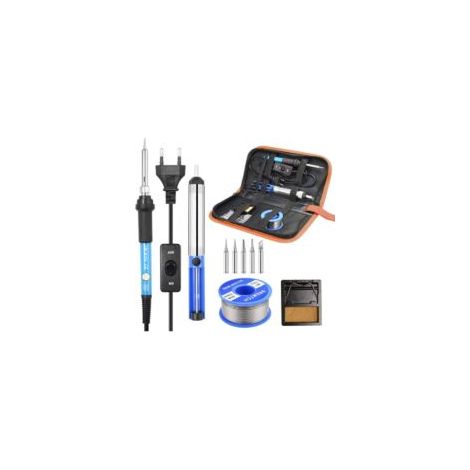 Kit saldatore, kit di saldatura elettrica di precisione da 60 W con interruttore on/off, temperatura regolabile 200-450℃, supporto con spugna, 5 punte per saldatura, pompa dissaldante, filo di stagno 