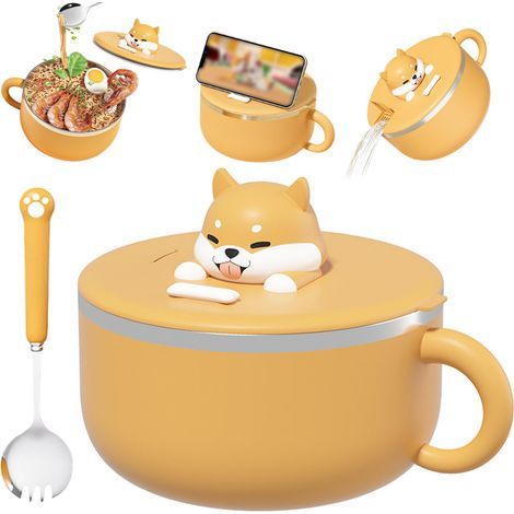 Bol de nouilles instantanées avec poignées 1200 ml Bol de ramen instantanés avec couvercle et cuillère à micro-ondes portables coccopier pour soupe, nouilles, boulettes, salades (1/5)