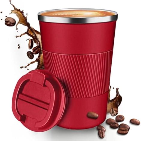 Tasse à café de voyage isotherme, anti-fuite, pobtable pour aller au camping - Gobelet à café réutilisable avec couvercles (rouge 380) (1/5)