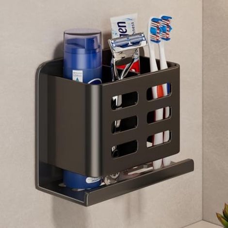 Soporte de pared para accesorios de baño - Aluminio negro con 2 ranuras (1/5)