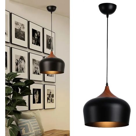 Plafonnier industriel en bois tambour, E27 Ø35 cm (1/5)