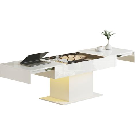 HOMCOM Extendable Coffee Table, Living Room Table with LED Lights, White