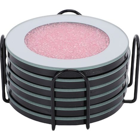 Lot de 6 dessous de verre ronds en verre miroir avec support, pour table basse, cuisine, bar et décoration intérieure (rose). (1/5)