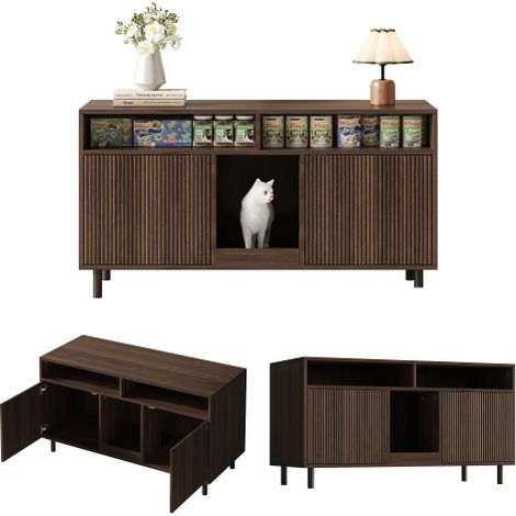 Meuble litière pour chat, cache-litière, buffet meuble TV avec tapis récupérateur et rangement, 120x50x66 cm, noyer (1/5)