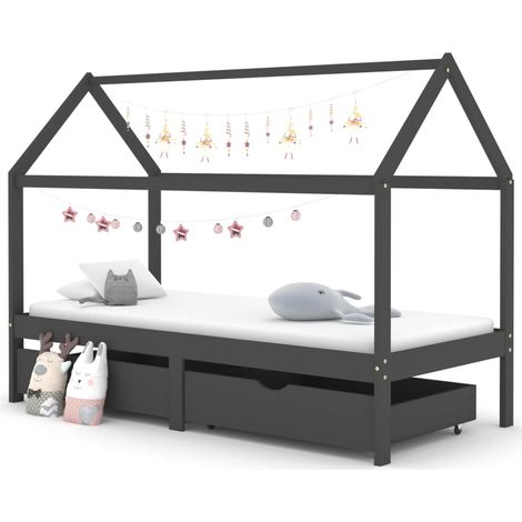Cadre de lit d'enfant avec tiroir Moderne - Lit simple pour Couchage, facile à assemblers Gris foncé Pin 90x200 cm -39570 (1/4)