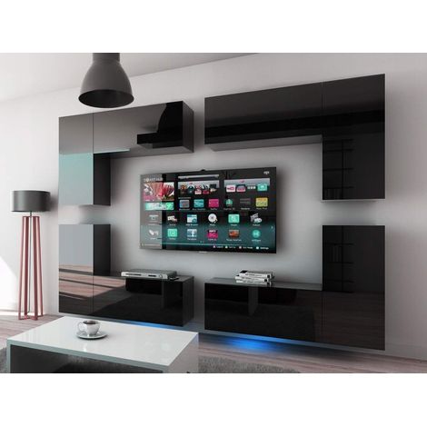 Conjunto de muebles de sala colgantes negros colección CEPTO XX 276cm, 8 muebles, LED, modulares.