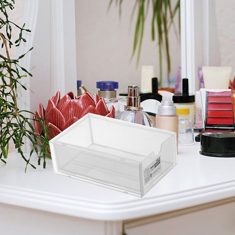 Boîte de rangement de bureau en plastique transparent, organisateur de maquillage et de fournitures de bureau, avec tiroir. (1/5)