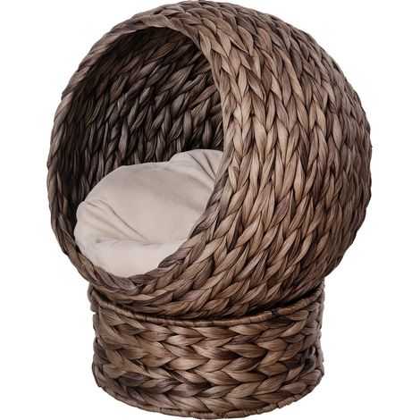 PawHut Rattan Katzenkorb Katzenhöhle Katzenhütte Katzenbett mit Kissen Haustierbett Wasserhyazinthe Kaffee 50 x 42 x 60 cm