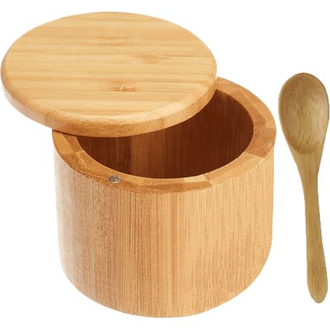 Boîte À Sel - Récipient En Bambou Avec Couvercle Pivotant Magnétique Et Cuillère Incluse (1/5)