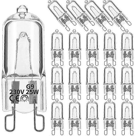 Lot de 20 ampoules halogènes G9 25 W, lumière visible, transparentes, dimmables, blanc chaud 2800 K, pour lustres, suspensions et éclairages paysagers. (1/5)