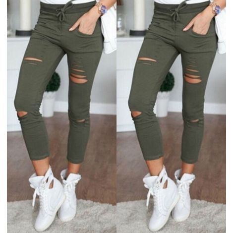 Pantalon femme slim extensible à cordon, déchiré vert taille M, leggings ajustés décontractés (1/4)