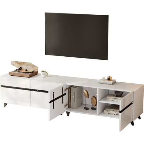 Meuble TV blanc 180 cm avec 4 placards, façade brillante, étagères réglables, 8 pieds, pour téléviseur jusqu’à 80 pouces, salon moderne - CHICFURN (1/5)
