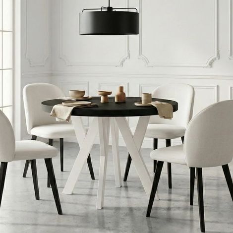 Table de salle à manger ronde extensible, PERO, style loft, scandinave, diamètre : 90 / 140 cm, couleur : noir / blanc (1/5)
