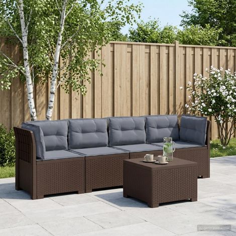 Canapé de jardin modulable 4 places look rotin PP marron avec table et coussins gris clair - PANGIVO (1/5)