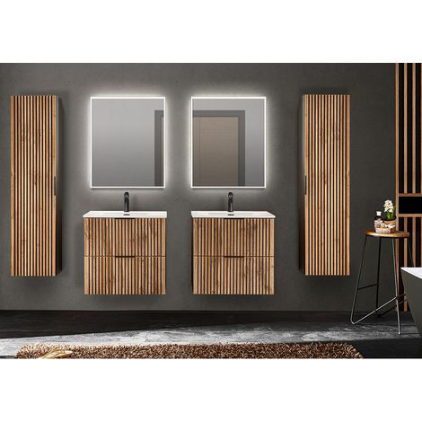 Badezimmer Komplett Set mit 2 Waschtischen je 61 cm, 2 Hochschränken XANTEN-56 in anthrazit mit Eiche Nb. Rillen schwarz, B/H/T: ca. 240/200/46 cm (1/5)
