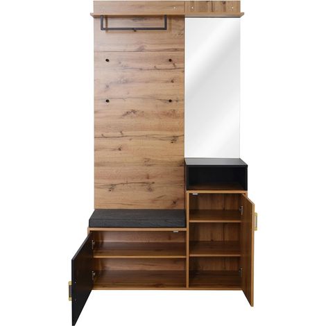 Ensemble de rangement comprenant une armoire avec 4 patères, un miroir, un meuble à chaussures, un porte-manteau mural, une étagère supérieure et un banc d'entrée. (Produit non monobloc, nécessite de (1/5)