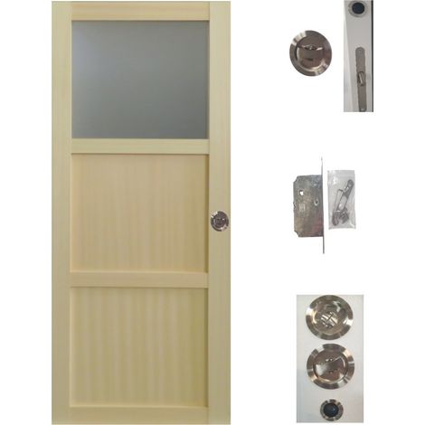 Porte Coulissante bois Ayous 2 Panneaux + 1 Vitrage H204 x L73 + serrure a condamnation (1/4)