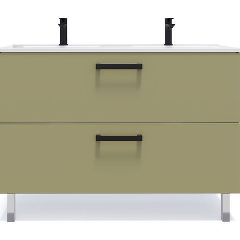 Meuble de salle de bain suspendu avec pieds double vasque intégrée 120cm 2 tiroirs Vert olive - Chelsea (1/5)