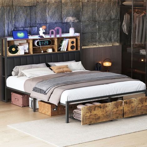 Bett 140x200 cm schwarz mit integrierter LED, USB und Schubladen - Lattenrost inklusive, Metall-/Holzrahmen