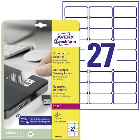 Avery-Zweckform L6114-20 Etichetta antimanomissione 63.5 x 29.6 mm Pellicola in poliestere Bianco 480 pz. A tenuta perm (1/5)