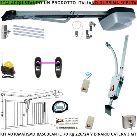 Kit Automatismo Motore 220/24 V da Soffitto per Porta Basculante 70 Kg Faro Antenna Selettore Binario Alluminio Catena Acciaio 3 Metri Cordino Sblocco Pattino 2 Radiocomandi Archetto Luce di Cortesia (1/4)