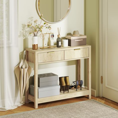 Console meuble bois naturel style moderne table console étroite avec 2 tiroirs rainurés et étagère 90 cm finition de qualité