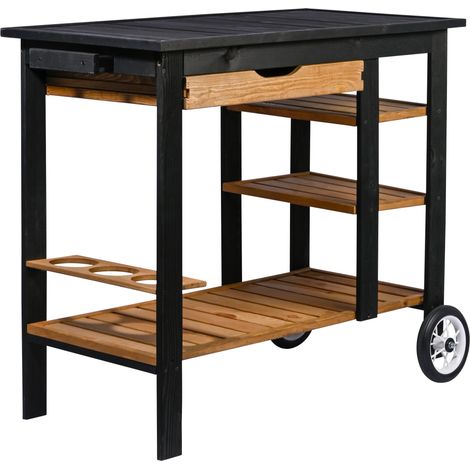 Chariot de Barbecue d'extérieur avec tiroir et étagère de Rangement - Chariot de Barbecue sur roulettes avec poignée et Porte-Bouteille - Table de Barbecue pour terrasse et Jardin - Noir/Marron (1/5)