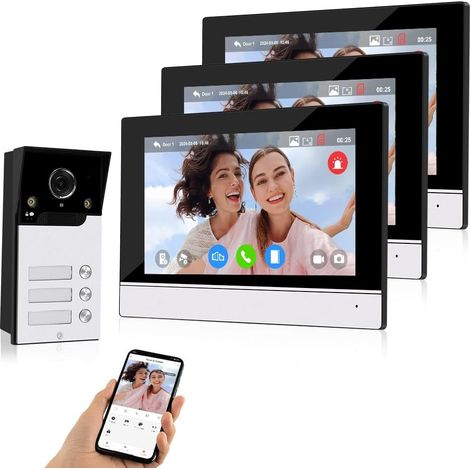 7 Pouces WiFi Vidéo Sonnette Interphone Système 1080P HD 120° Caméra IR Vision Nocturne avec 3 Moniteurs pour 3 Maisons/Appartements, Enregistrement, Déverrouillage de l'app (1/5)