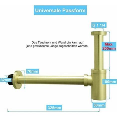 Siphon design universel en laiton brossé pour lavabo et évier de salle de bain, avec bonde, diamètre 1 1/4 x 32 mm. (1/4)