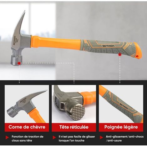 Marteau Arrache-Clous 630 g avec Griffe de Déchirure et Embout Magnétique – Tête en Acier au Carbone pour Bricolage, Menuiserie et Réparations Domiciliaires (1/3)