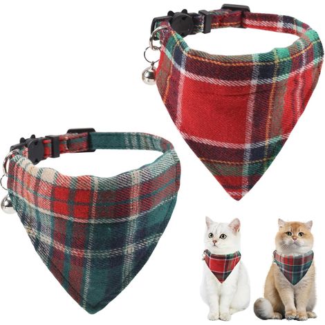 2 Collier de Noël pour Chat Bandana Ajustable pour Chiot Motif Triangle à Carreaux Rouges et Verts avec Clochette Amovible Idéal pour Les Chatons. (1/5)