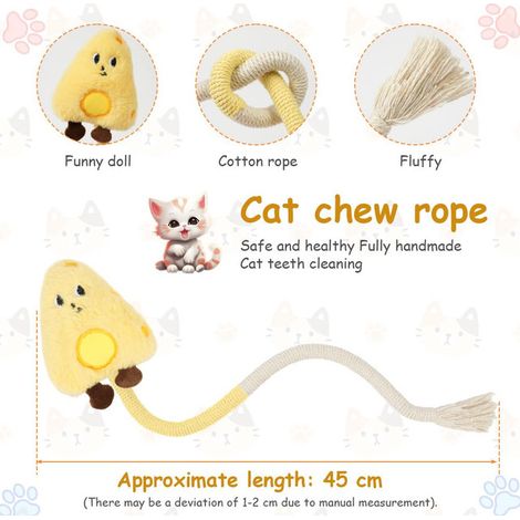 Jouet à mâcher pour chat en corde coton et peluche, nettoyage des dents, jouet interactif apaisant (1/5)