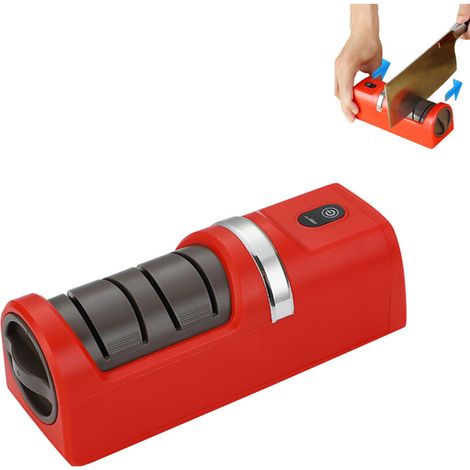 Affûteur de couteaux électrique portable rechargeable par USB avec base antidérapante et meule à gros et gros grain - Idéal pour la cuisine, la maison, le camping et les activités de plein air - Rouge (1/5)