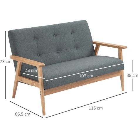 Sofa 2 Sitzer, 115 cm Couch mit Armlehnen, Rückenlehne, Kleine Polstersofa mit Leinenoptik, Holzbeine, Gepolstert Loungesofa für Wohnzimmer, Schlafzimmer, Dunkelgrau (1/5)