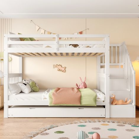 Letto a castello moderno 90x200 cm in pino e MDF bianco, con scala a ripiani, letto estraibile e sponde alte (1/5)