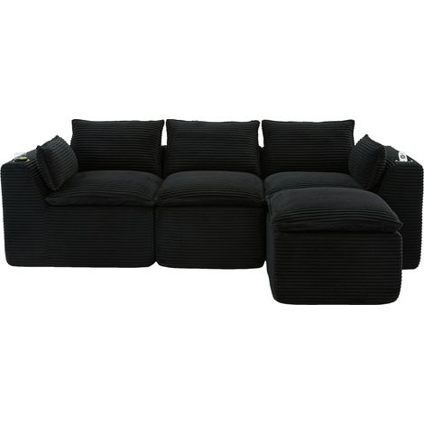Sofá modular de 3 plazas con puff, cojines, portavasos y 2 bolsillos laterales, pana negra (1/5)