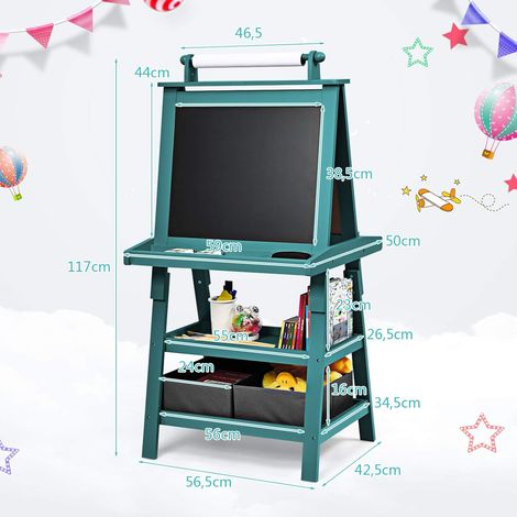 GOPLUS Cavalletto per Bambini 3 in 1, Lavagna Magnetica con Doppia Faccia,2 Vassoi e 2 Scatole, Cavalletto per Dipingere, Inclusi Carta per Dipingere e Magneti, 59 x 50 x 117 cm (Blu)
