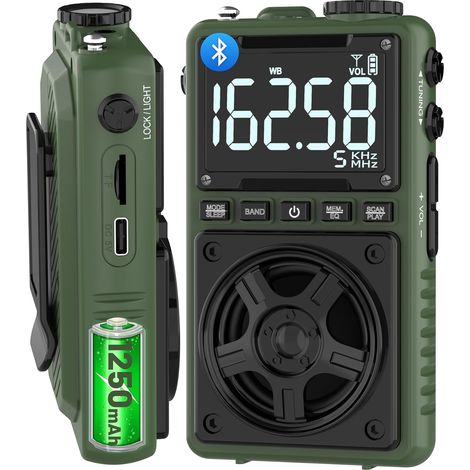 Radio AM/FM Bluetooth portable avec alerte météo NOAA – Batterie rechargeable 1250 mAh – Grand haut-parleur 5 W – Tuner numérique (1/5)