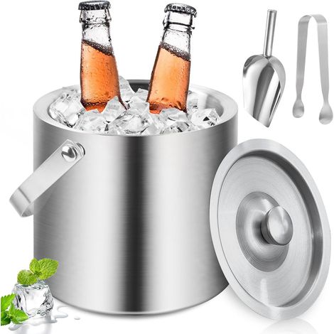 Seau à glaçons Isotherme 3L, Seau a glacon Isotherme en Acier Inoxydable Double paroi, Seau à Champagne avec Pince et Pelle, Seau glacon pour Bar fête Maison (1/5)