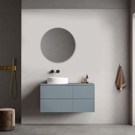 Mobile bagno sospeso cannettato reversibile  100 cm Blu Avio per Lavabo d'appoggio Specchio Tondo - Fiji Paint Top Canneté (1/4)
