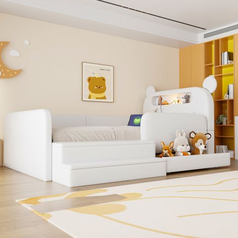 90 x 200 cm Kinder-Polsterbett mit Bären-Kopfteil, Nachtlicht, USB-Ladeanschluss, integriertem Stauraum und Stufensitz – sicher und praktisch, geeignet für Jungen und Mädchen, Kunstlederbezug, Weiß (1/5)
