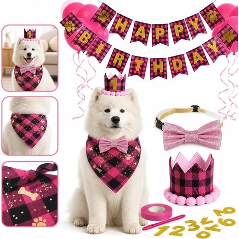 Kit fete anniversaire chien rose, bandana chapeau ballons banniere, deco photo chiot (1/5)