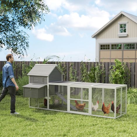 Poulailler pour poules pondeuses - 310,5x149,5x149cm - poulailler avec rampe et espace ouvert clôturé - en plein air - gris