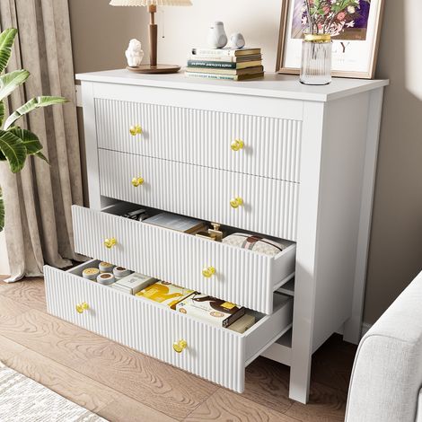 Cómoda tiradores dorados superficie texturizada diseño elegante tablero de partículas 79x80.5x39.5cm Blanco (1/5)