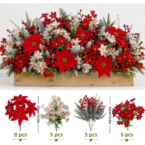 Décoration Florale de Noël 23 Pièces, Fleurs Artificielles Rouges avec Poinsettia, Roses, Baies et Sapin (1/5)