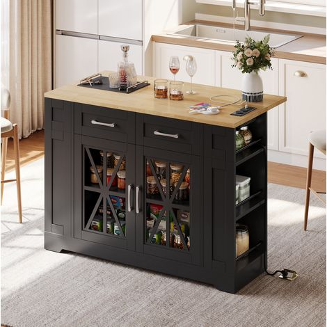Isla de cocina 120 cm con tablero abatible, tomas AC/USB, puertas de cristal y ruedas con freno (1/5)