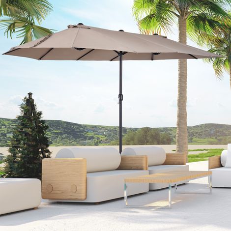 Parasol jardin extérieur double 4,6×2,7×2,4m manivelle cadre acier toile 180g/m² balcon piscine terrasse, marron