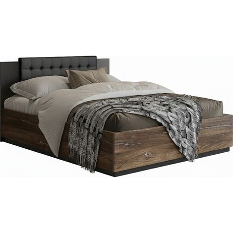 Cama Felelie 104, Roble Flagstaf oscuro + Plata, Doble, 140x200, Aglomerado laminado, 146x205x90cm (1/4)