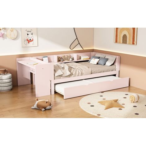 Redom – Lit gigogne 90x200cm en bois rose avec bureau et trois étagères – Conception multifonctionnelle pour gain d'espace – Capacité 140kg (1/5)