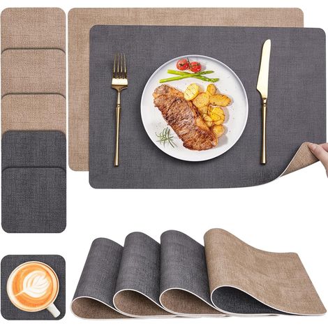 Tischsets und Untersetzer, waschbare doppelseitige zweifarbige Tischsets aus Leder, rutschfeste, leicht zu reinigende Tischsets, Tischsets 6er-Set